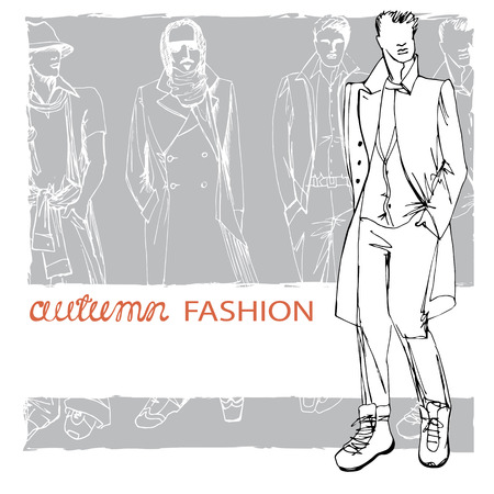 EPS10 grunge background with stylish autumnal dude men in hat.In the style of the outline hand drawing  sketch. Fashion vector  illustrationのイラスト素材