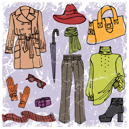 Autumn women's clothing and accessories. Fashionable set. Vectorのイラスト素材