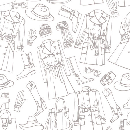Fashion wear seamless pattern.Woman clothes set. Autumn ,winter,spring woman fashion. Use for fabrics, Wallpaper,background,packaging paper,backdrop.Retro vector illustration.のイラスト素材