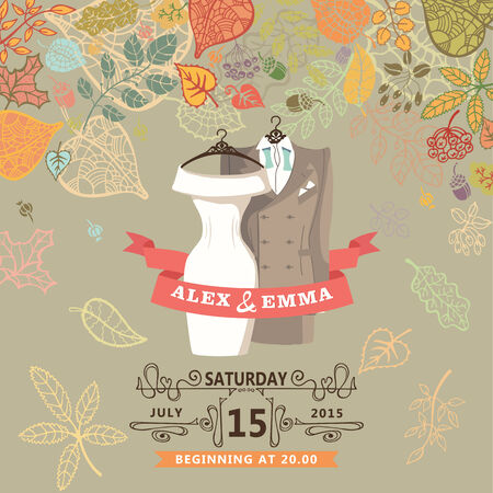 Wedding invitation with autumn leaves wreath. Wedding wear with swirling border    ,ribbons.Vector design templateのイラスト素材