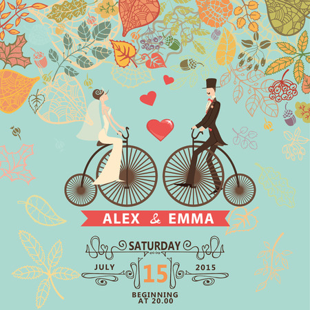 Retro wedding invitation with fallingautumn leaves . Cute cartoon couple groom and bride in retro bicycle with swirling border,ribbon.Vector design templateのイラスト素材