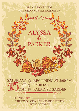 Retro wedding invitation with autumn leaves.Vector design templateのイラスト素材