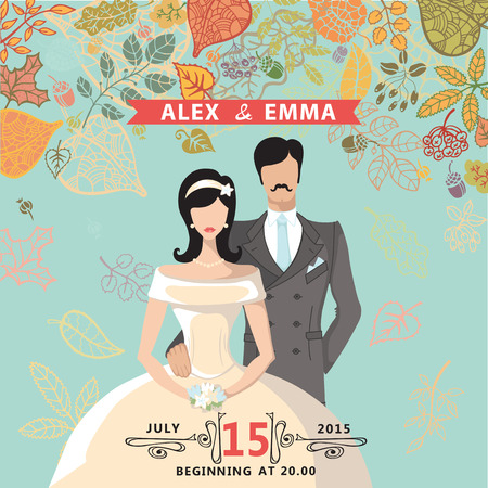 Retro wedding invitation with falling autumn leaves wreath. Cute cartoon couple groom and bride in retro style with swirling border.Vector design templateのイラスト素材