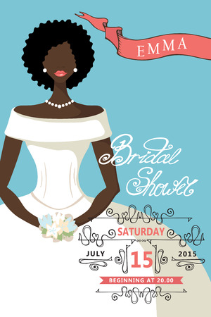 Retro  Bridal shower invitation. Cute cartoon  mulatto bride with Decor elements : vignettes,ribbons,handwriting text.Decorative elements in the style of art Nouveau.Vector design templateのイラスト素材