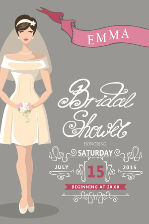Retro  Bridal shower invitation. Cute cartoon  bride with Decor elements : vignettes,ribbons,handwriting text.Decorative elements in the style of art Nouveau.Vector design templateのイラスト素材