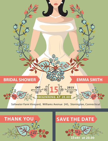 Bridal shower invitation set.Lovely bride portrait with autumn leaves wreath, swirling border,ribbon.Bridal shower invitation,save the date card, thank you card.Vector design templateのイラスト素材