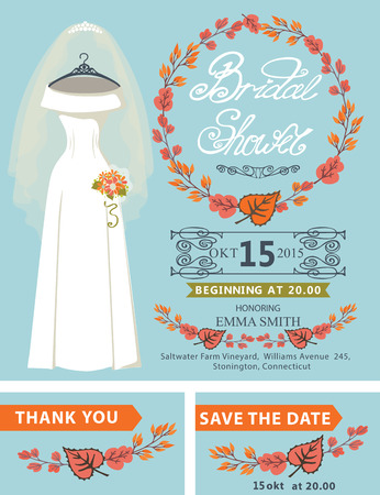 Bridal shower invitation set.Fall season.Bridal dress and veil with autumn leaves wreath, hand writing text,ribbon.Bridal shower invitation,save the date card, thank you card.Vector design templateのイラスト素材