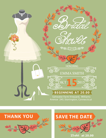 Ilustración de Bridal shower invitation set.Fall season.Bridal dress and bridal accessories  with autumn leaves wreath, hand writing text,ribbon.Dress put on mannequin.Wedding invitation,save the date card, thank you card.Vector - Imagen libre de derechos