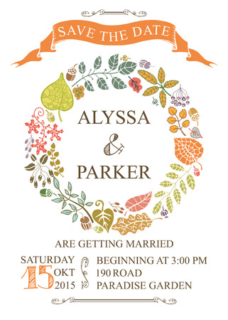 Retro wedding save the date card with autumn leaves.Vector design templateのイラスト素材
