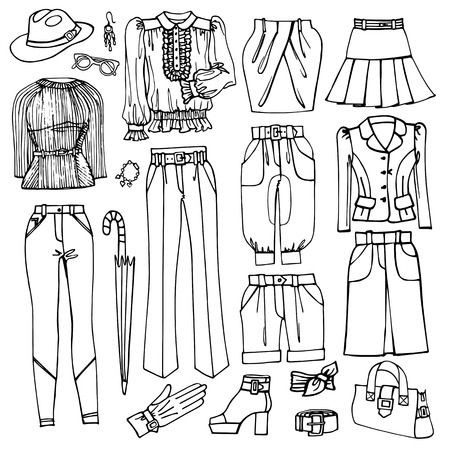 Outline Sketchy.Females clothing and accessories setのイラスト素材