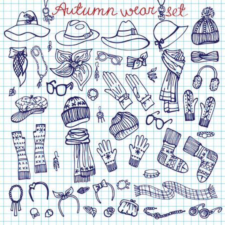 Outline Sketchy notepaper. Female Accessories Set.Autumn,winterのイラスト素材