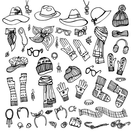 Outline Sketch. Female Accessories Set.Autumn,winterのイラスト素材
