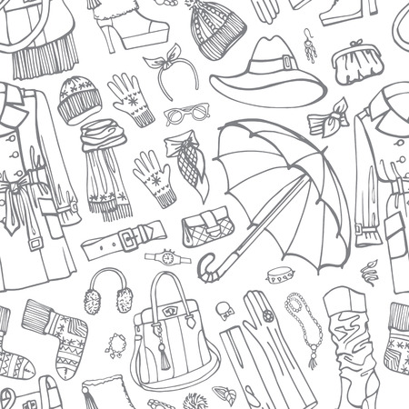 Coat and clothing accessories in seamless pattern. Woman fasionのイラスト素材