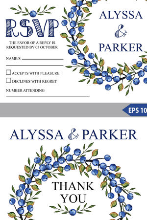 Wedding template set.Watercolor Blueberries wreathのイラスト素材