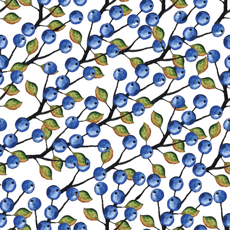 Watercolor Blueberries branches seamless patternのイラスト素材
