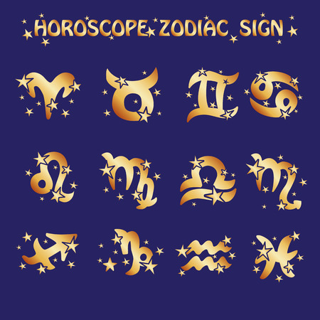 Horoscope zodiac signs icons.Gold and blueのイラスト素材