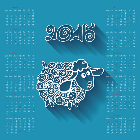 Calendar 2015 Year of Sheep.Cartoon outline curly sheepのイラスト素材