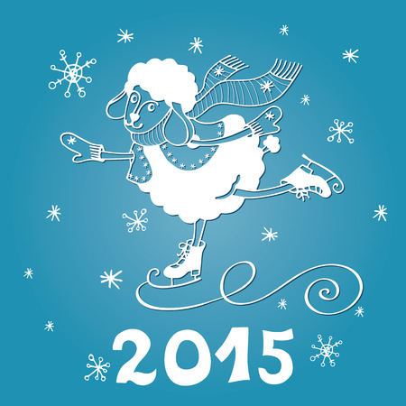 2015 Year of Sheep. Cartoon sheep skate with Snowflakes のイラスト素材