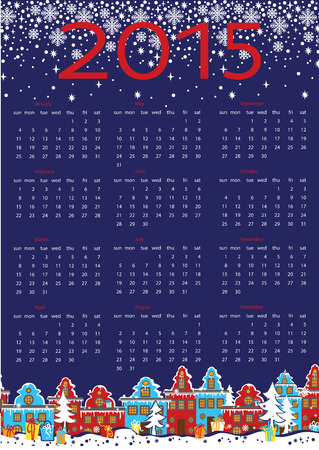 2015 year calendar.Cute little town in winter nightのイラスト素材