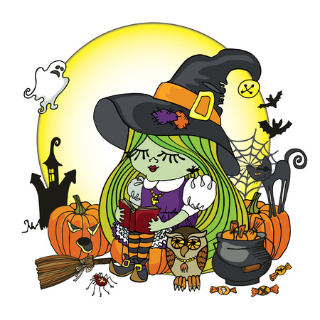 Little Halloween Witch girl reading book.のイラスト素材
