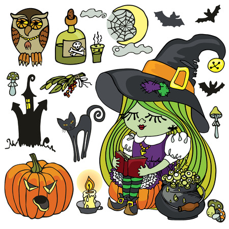 Little Halloween Witch girl reading bookのイラスト素材