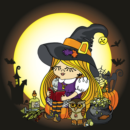 Little Halloween Witch girl reading bookのイラスト素材