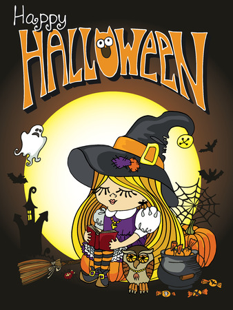 Little Halloween Witch girl reading bookのイラスト素材