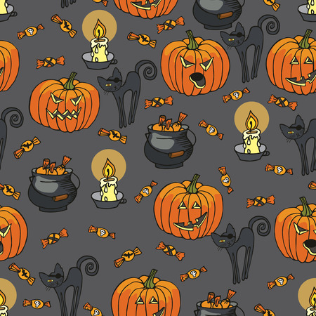 Halloween doodles seamless pattern or background.Hand drawing Pumpkin,cat,candle,boiler, candy in the style of children's drawing.For fabric,background,backdrop,Wallpaper,wrapping paper.Vectorのイラスト素材