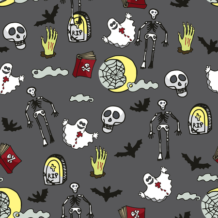 Halloween doodles seamless pattern or background about death, cemeteryのイラスト素材