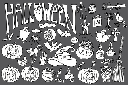 Halloween doodles icons set with text.Hand drowing sketchy scrapbooking elements in the style of children's drawing . For design template,invitations . Vectorのイラスト素材