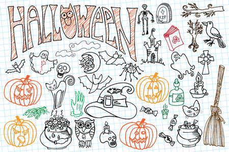 Halloween doodles icons set with text.Hand drowing sketchy notepaper in the style of children's drawing . For design template,invitations . Vectorのイラスト素材