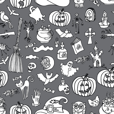 Halloween doodles icons in seamless pattern or backgroundのイラスト素材