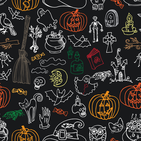 Halloween doodles icons seamless pattern or backgroundのイラスト素材