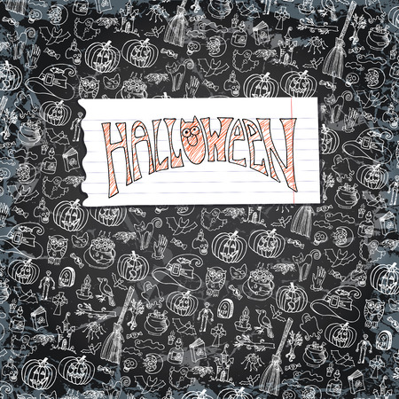 Halloween doodles icons pattern background with notepaper.Hand drowing sketchy on chalkboard in the style of children's drawing.For background,backdrop.Shabby,grunge ,vintage Vectorのイラスト素材
