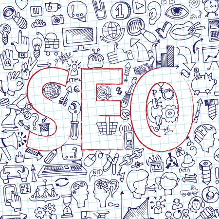 Doodle seo icons in word. Sketchy notepaperのイラスト素材