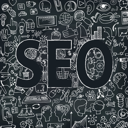 Doodle seo icons in word. Sketchy chalkboardのイラスト素材