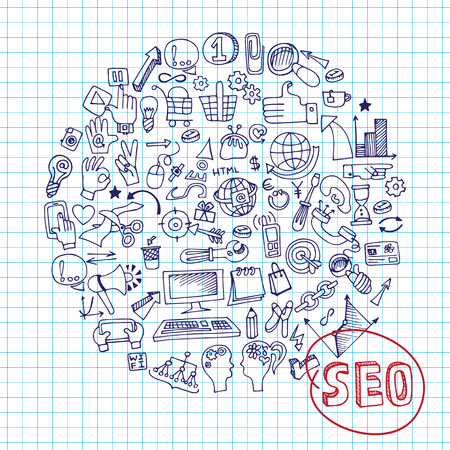 Doodle seo concept with icons on Notepaper.Circleのイラスト素材