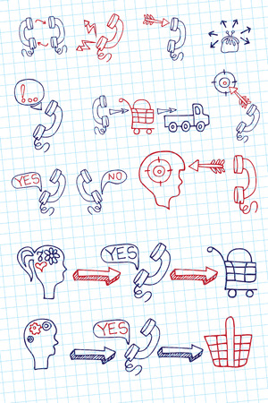 Doodle scheme main activities telephone marketing icons.Notepapeのイラスト素材