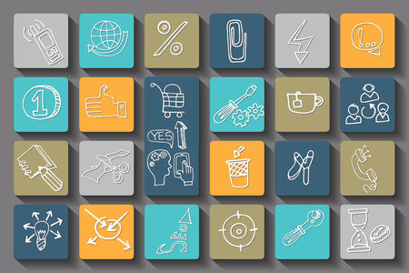 Doodle hand draw business seo sketchy icons.Colored square buttons with long shadow . Business concept . Vector illustrationのイラスト素材