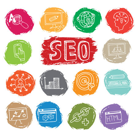 Doodle hand drow business seo sketchy icons on colored spot. Business concept . Vector illustrationのイラスト素材