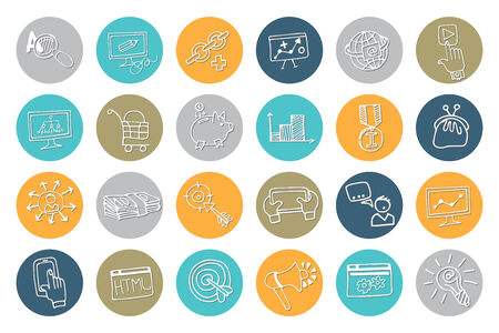 Doodle hand drow business seo sketchy icons on colored circle. Business concept . Vector illustrationのイラスト素材