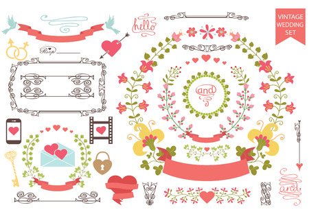 Vintage wedding set.Floral wreath,icons, swirling border,heartsのイラスト素材
