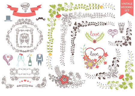 Vintage wedding set.Floral decor,icons, swirling borderのイラスト素材