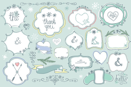 Doodle colored  labels, badges,frame,decor element Winter setのイラスト素材