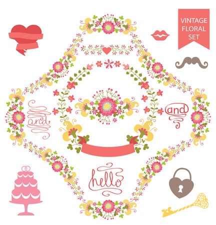 Cute  floral  wreath set with wedding elementsのイラスト素材