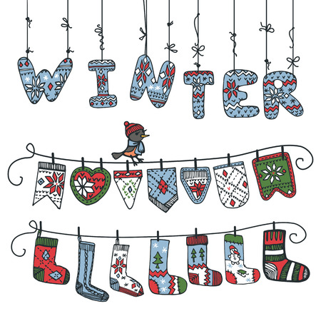 Cute cartoon Knitted letters \"winter\" hanging on the ropes.のイラスト素材