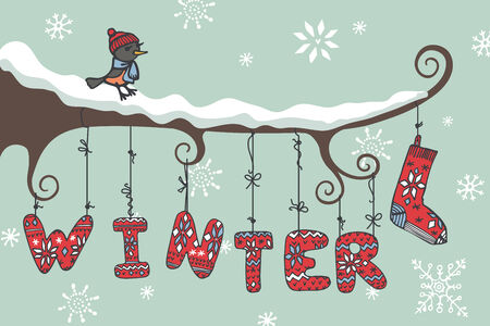 Cute cartoon bird sitting on branch
Knitted letters \"winter\" hanging on the ropes.のイラスト素材