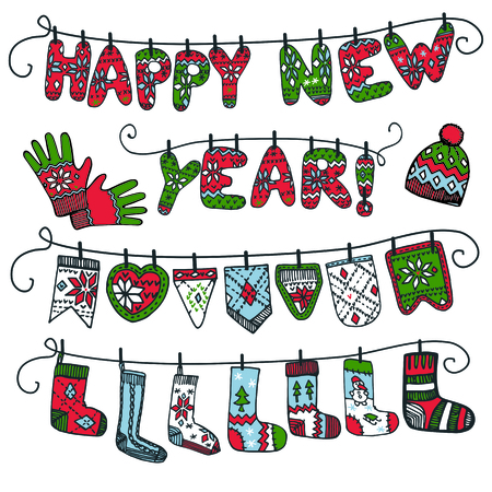 Cute cartoon Knitted letters "Happy new year" hanging on the ropes.Socks and checkbox hanging on a rope.Isolated decor garland.Funny doodles.For winter design template.Vectorのイラスト素材