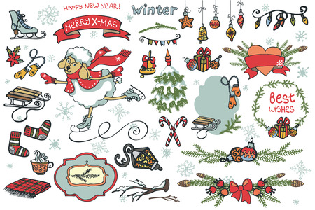 Set of Christmas graphic elements, cute cartoon sheep,
Badges,labels,ribbon,branches,Christmas tree,,winter sports equipment.Cute vector illustrations for greeting cards, design template.New year Vectorのイラスト素材
