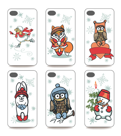Set of Winter funny animals for mobile phone cover. The visible part of the clipping mask. The sample is ready for printing after the release clipping mask.Christmas, new year Vector illustrationのイラスト素材
